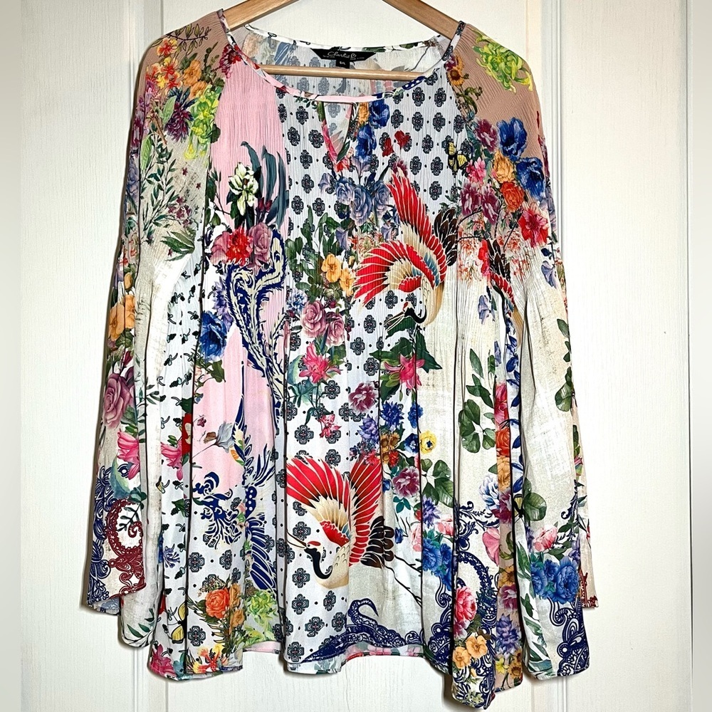 Charlie B Patchwork Crane Floral Blouse G/L Crane Print Top Tunic Bohemian Flowy